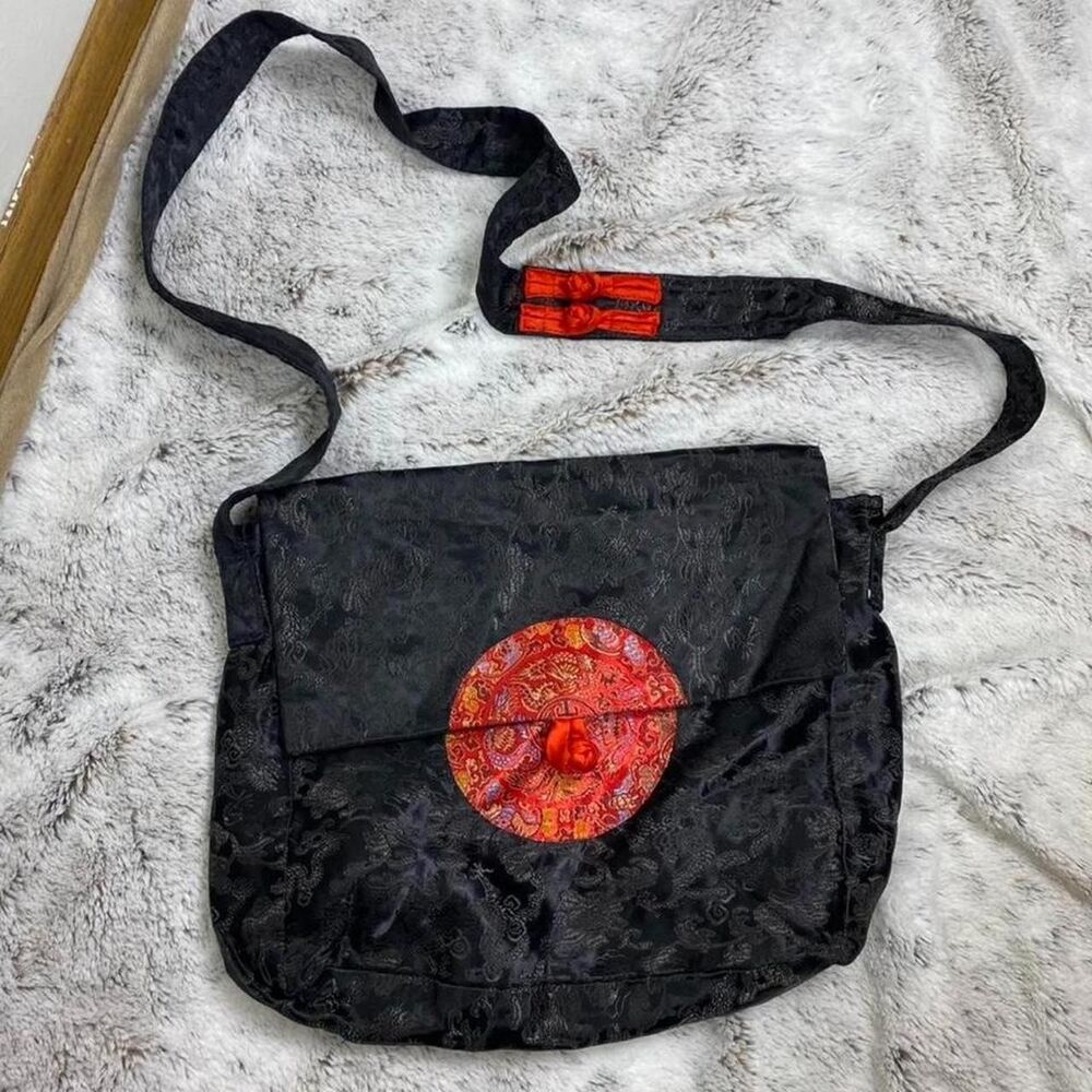 Black red Chinese scrollwork crossbody satchel messenger bag satin embossed
